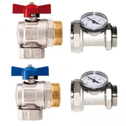 К-кт ЪГЛОВИ кранове с термометър и холендър 1" Син/Червен